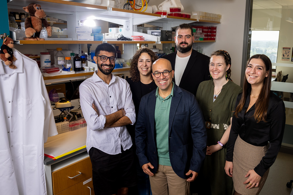 Omer Gokcumen (centre) with lab members Alber Aqil, Luane Landau, Petar Pajic, Kendra Scheer and Charikleia Karageorgiou in a research lab in Hochstetter Hall